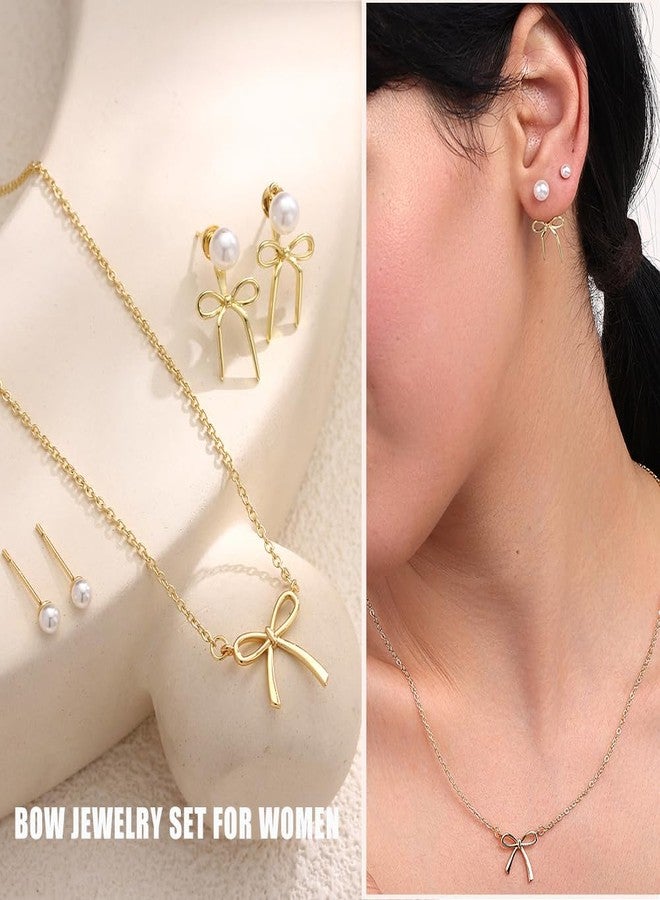 Yewkit Bow Necklace Earrings for Women 14K Gold Plated Bowknot Choker Dainty Bow Earring Wedding Prom Fashion Jewelry Set Gifts (style - Pearl bow) - Image 2